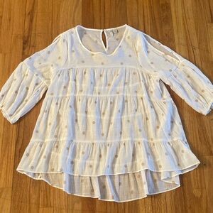 Cato White and Tan Polka Dot Slit Sleeve Top